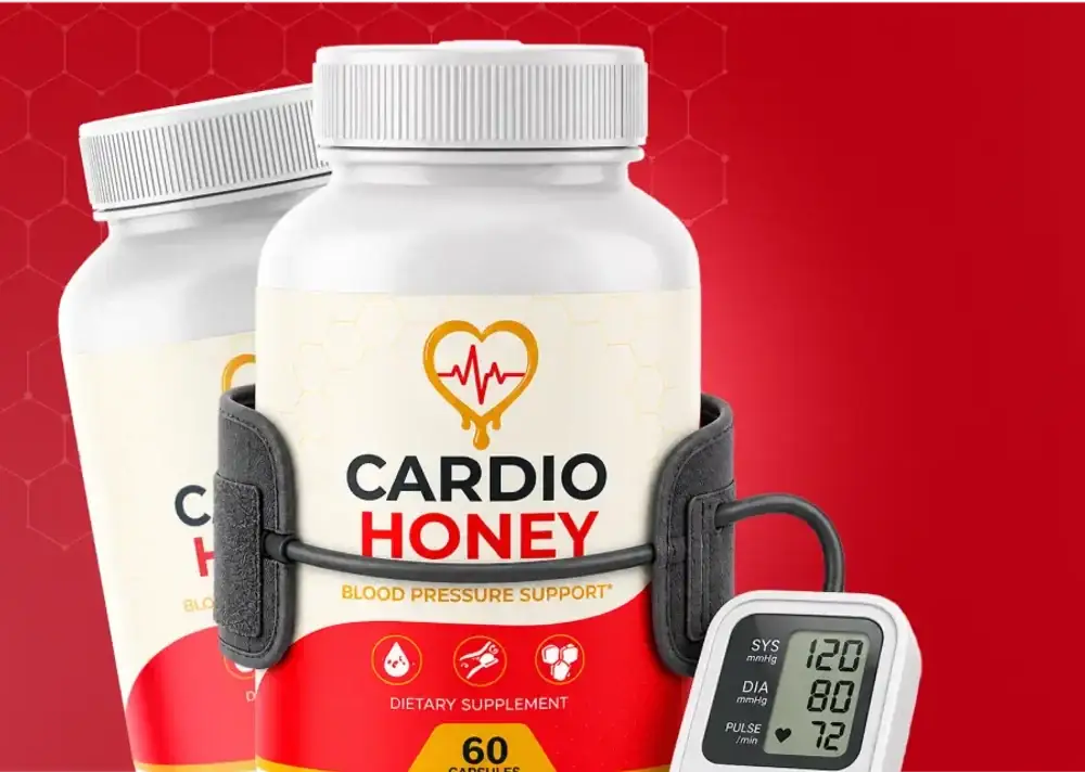 Cardio Honey blood pressure support bottle with a cuff and a monitor reading 120/80