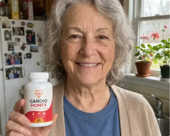 Emily R. holding a bottle of Cardio Honey in her kitchen