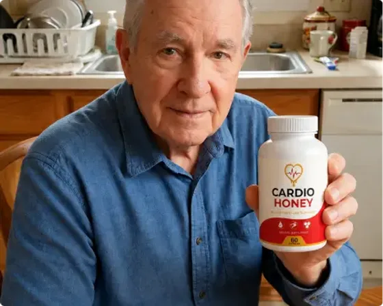 James W. holding a bottle of Cardio Honey in his kitchen