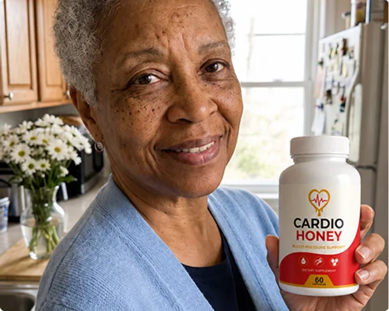 Jennifer M. holding a bottle of Cardio Honey in her kitchen