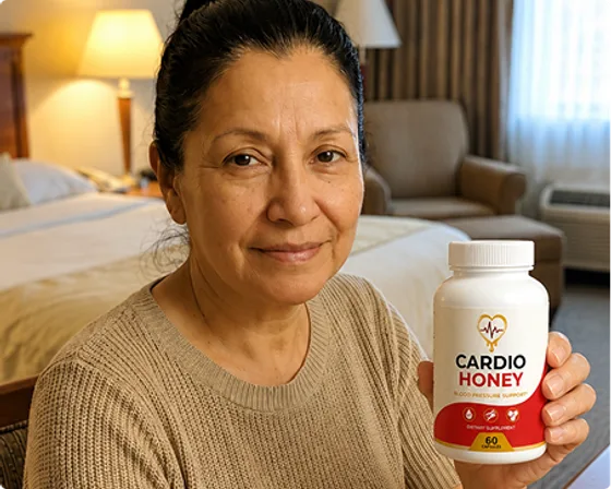Laura B. holding a bottle of Cardio Honey at home