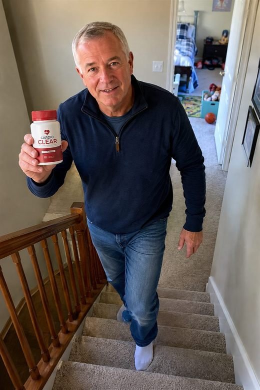 Customer holding a CardioClear blood pressure support bottle at home